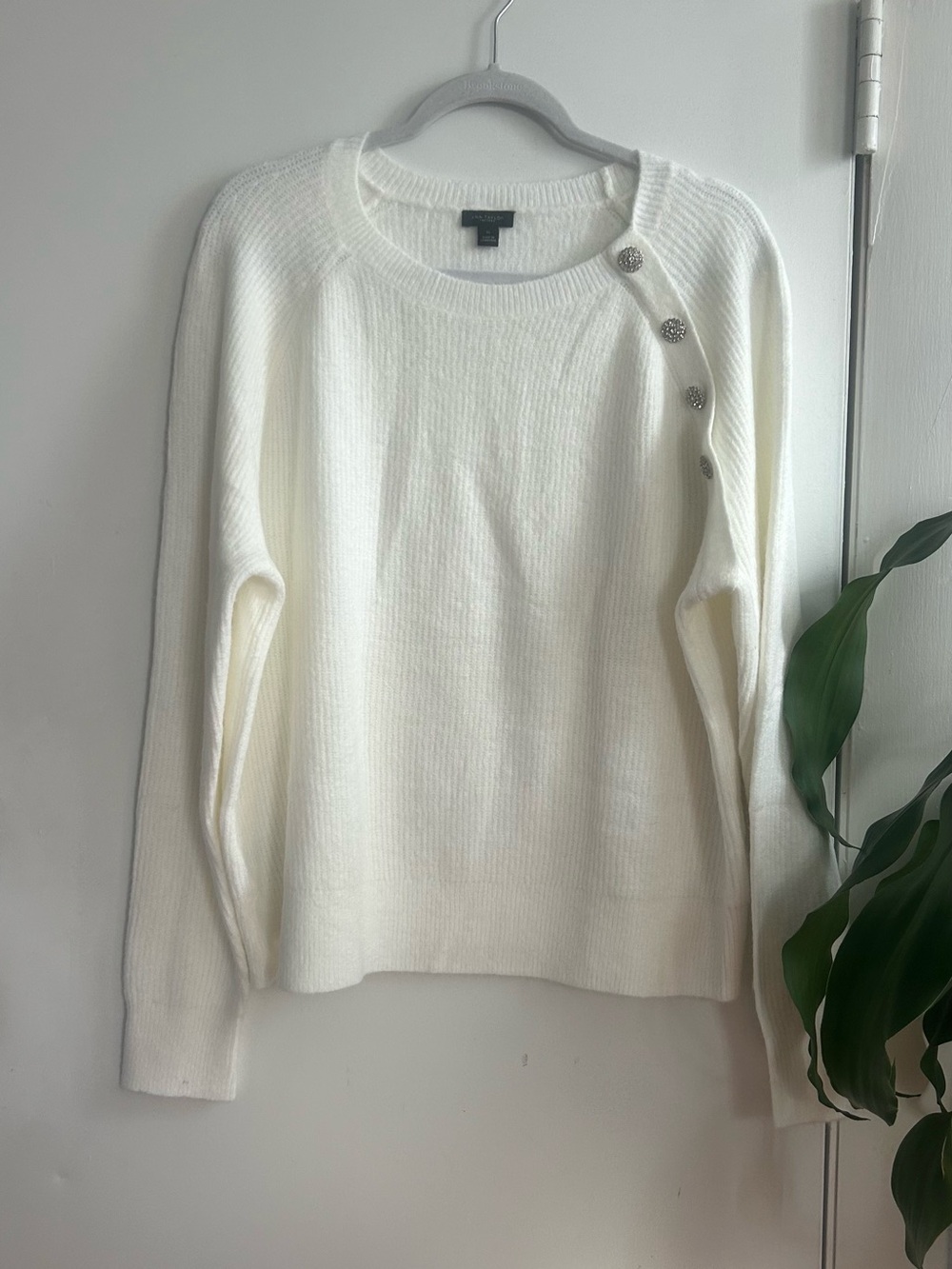 Ann Taylor Ivory Crewneck Sweater with Decorative Shoulder Buttons